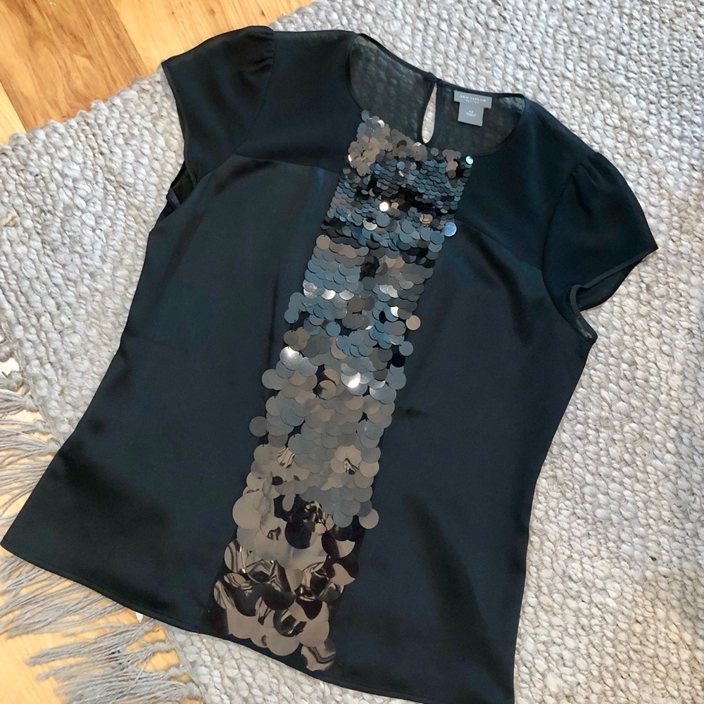 Ann Taylor black sequin blouse with mesh detail